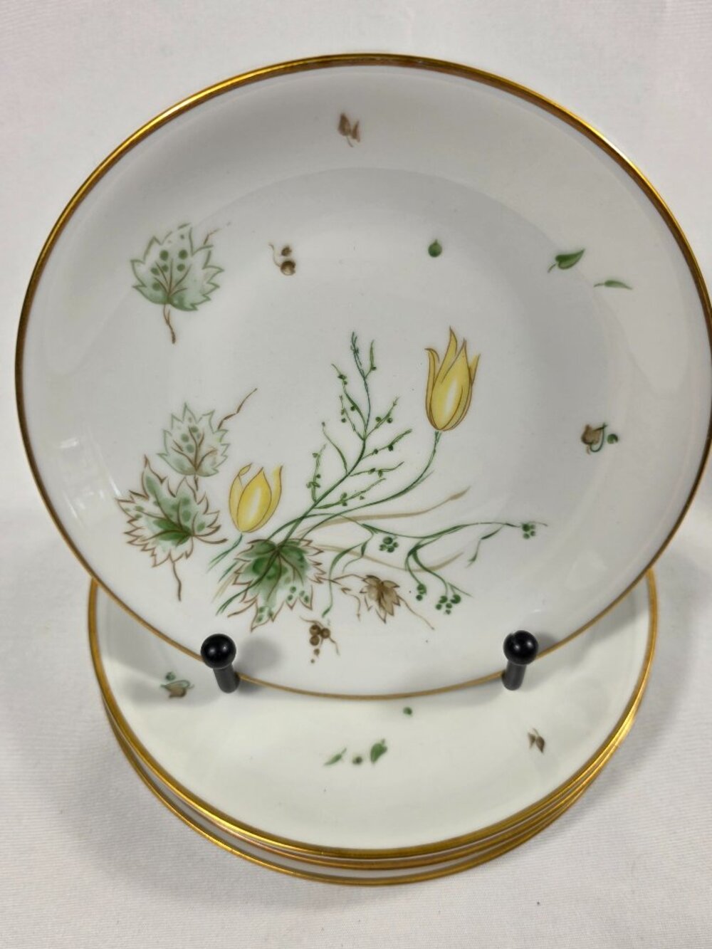 FOUR Stonegate Spring Breeze Bread Plates White with Yellow Tulips Gold Trim